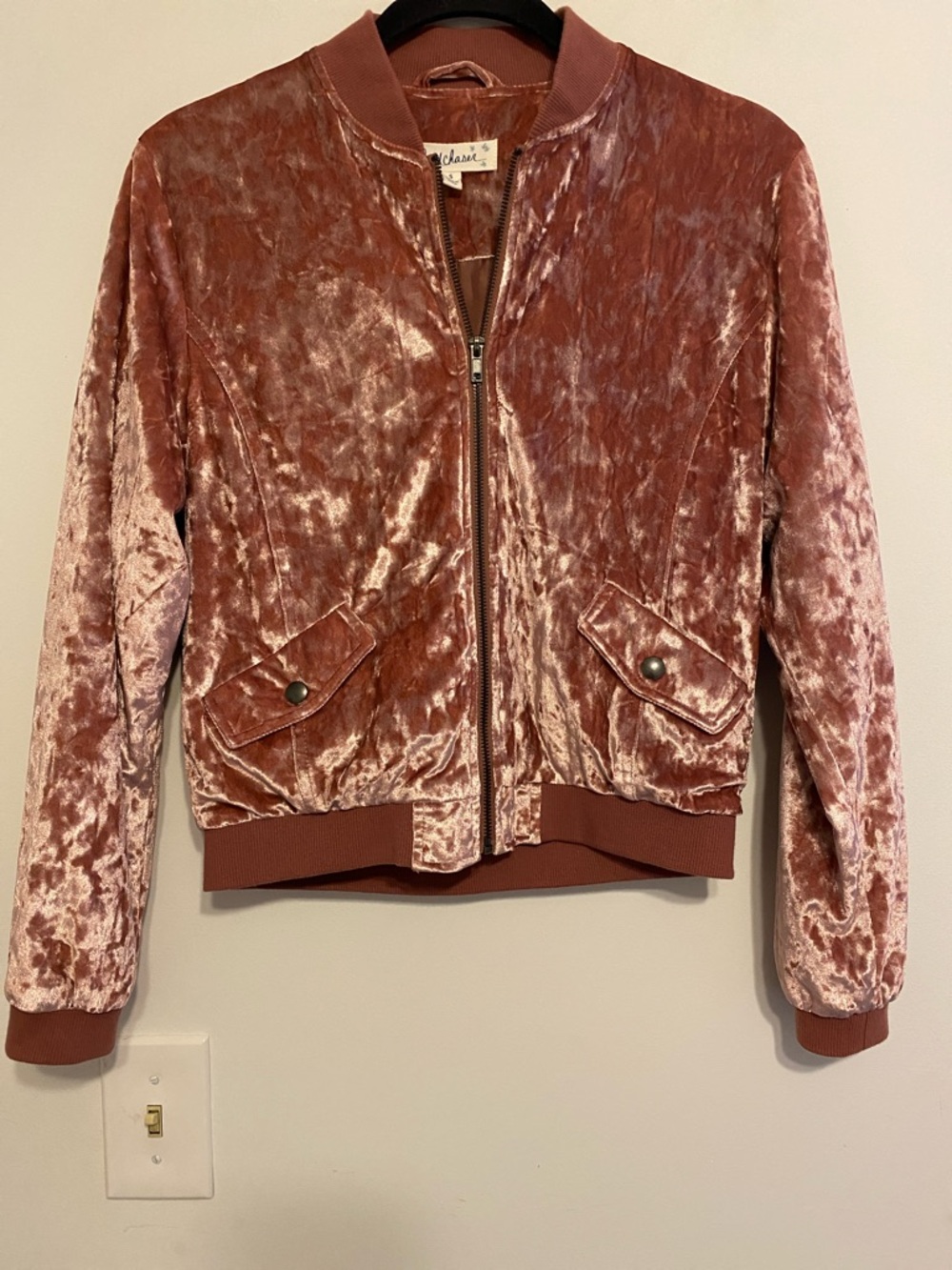 Cloud Chaser Velvet Bomber Jacket in Dusty Rose, no signs of wear